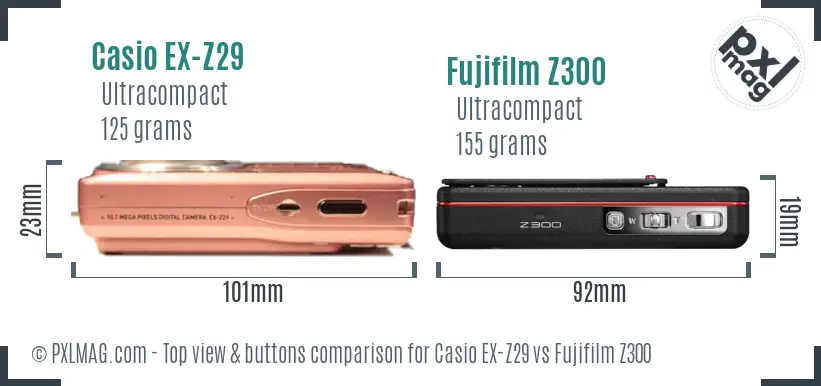 Casio EX-Z29 vs Fujifilm Z300 top view buttons comparison