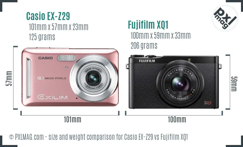 Casio EX-Z29 vs Fujifilm XQ1 size comparison