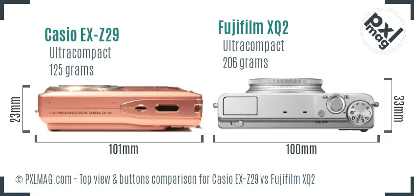 Casio EX-Z29 vs Fujifilm XQ2 top view buttons comparison