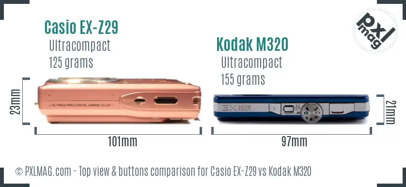 Casio EX-Z29 vs Kodak M320 top view buttons comparison Casio EX-Z29 vs Kodak M320 top view buttons comparison