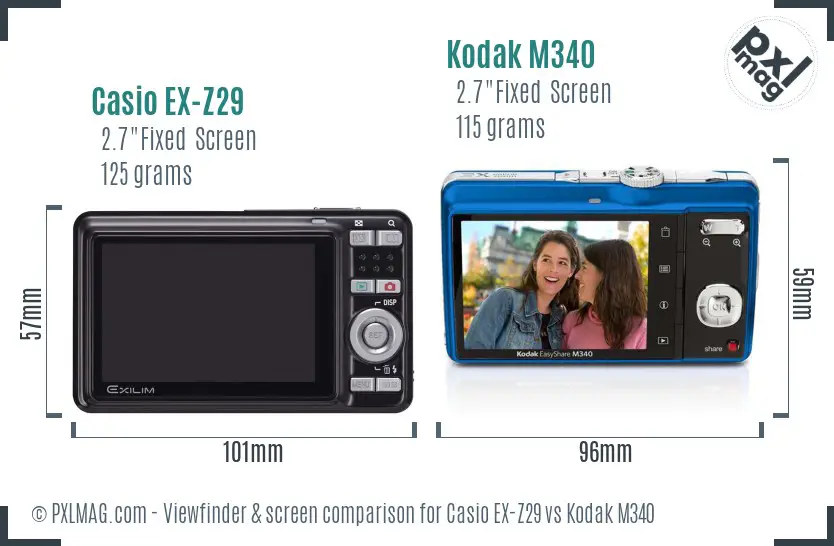 Casio EX-Z29 vs Kodak M340 Screen and Viewfinder comparison