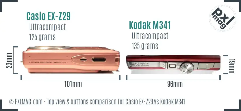 Casio EX-Z29 vs Kodak M341 top view buttons comparison Casio EX-Z29 vs Kodak M341 top view buttons comparison