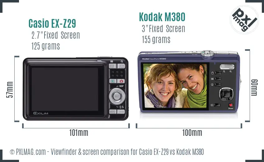 Casio EX-Z29 vs Kodak M380 Screen and Viewfinder comparison