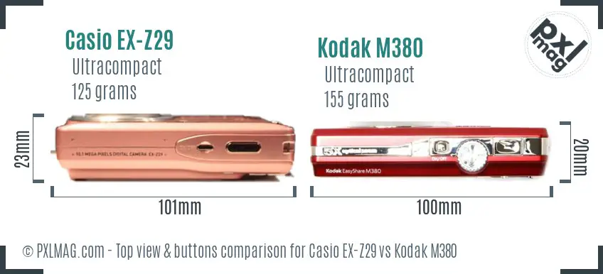 Casio EX-Z29 vs Kodak M380 top view buttons comparison