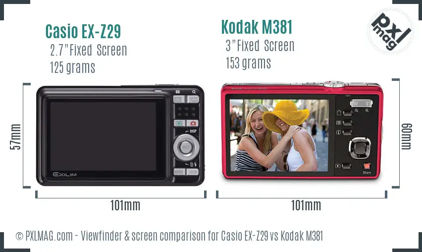 Casio EX-Z29 vs Kodak M381 Screen and Viewfinder comparison