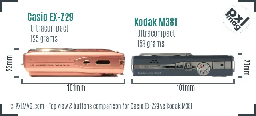Casio EX-Z29 vs Kodak M381 top view buttons comparison