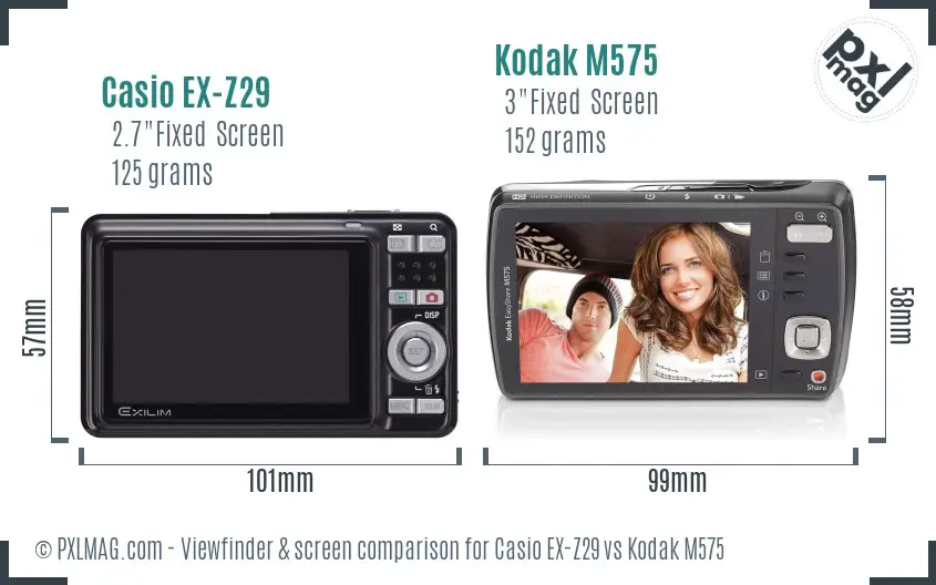 Casio EX-Z29 vs Kodak M575 Screen and Viewfinder comparison