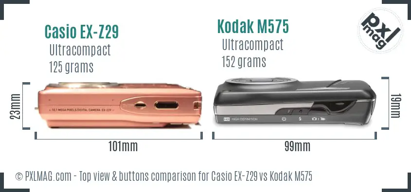 Casio EX-Z29 vs Kodak M575 top view buttons comparison