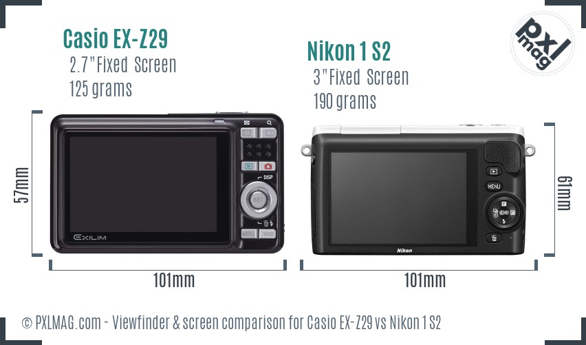 Casio EX-Z29 vs Nikon 1 S2 Screen and Viewfinder comparison