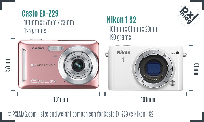 Casio EX-Z29 vs Nikon 1 S2 size comparison