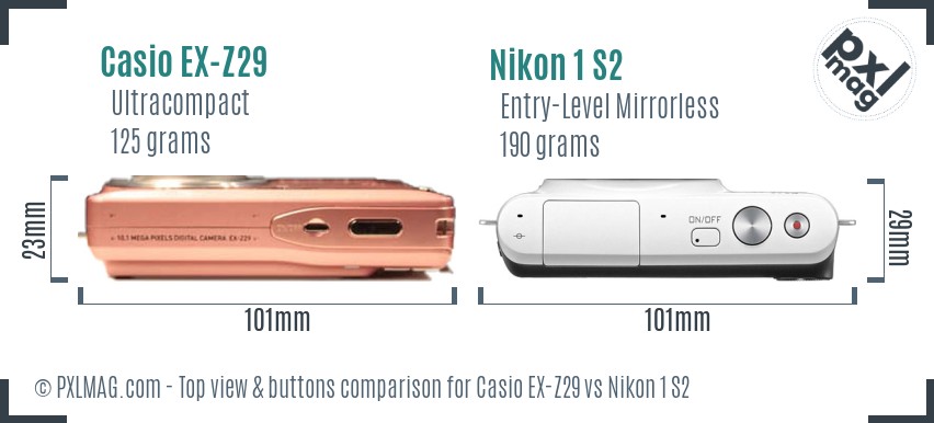 Casio EX-Z29 vs Nikon 1 S2 top view buttons comparison