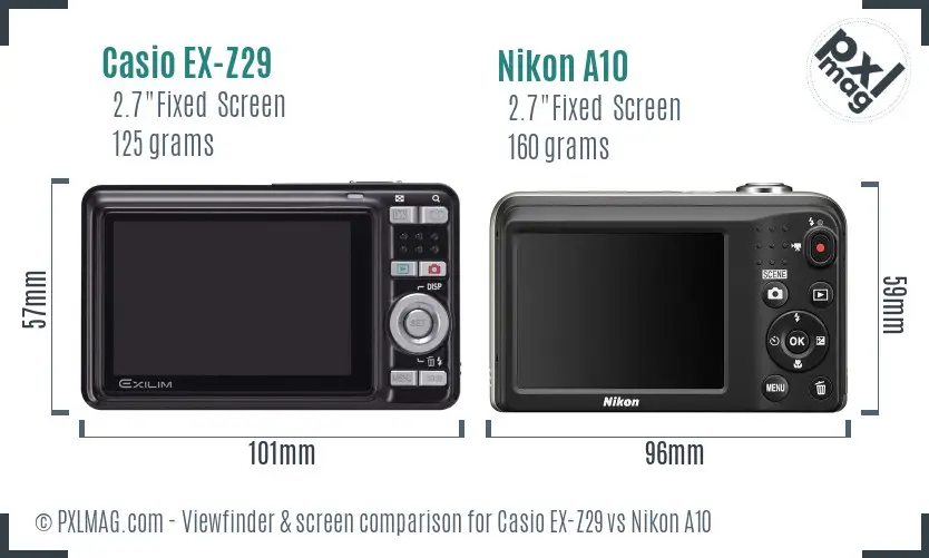 Casio EX-Z29 vs Nikon A10 Screen and Viewfinder comparison