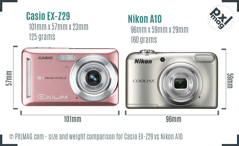 Casio EX-Z29 vs Nikon A10 size comparison