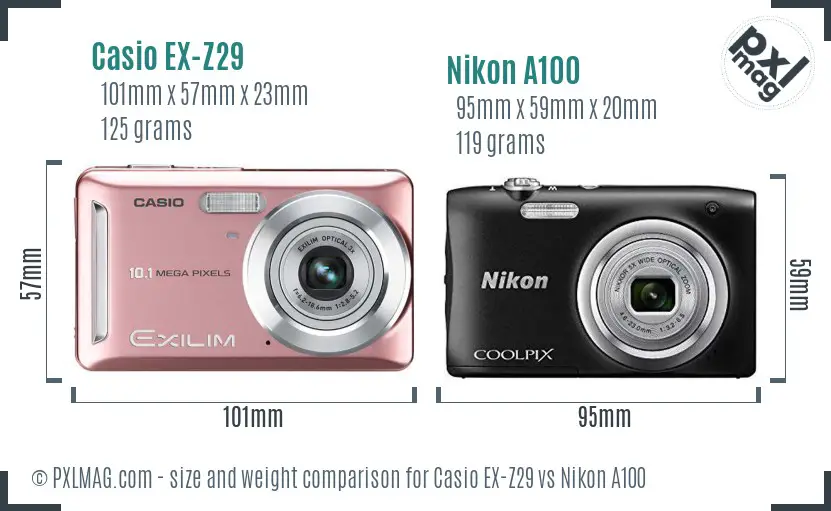 Casio EX-Z29 vs Nikon A100 size comparison