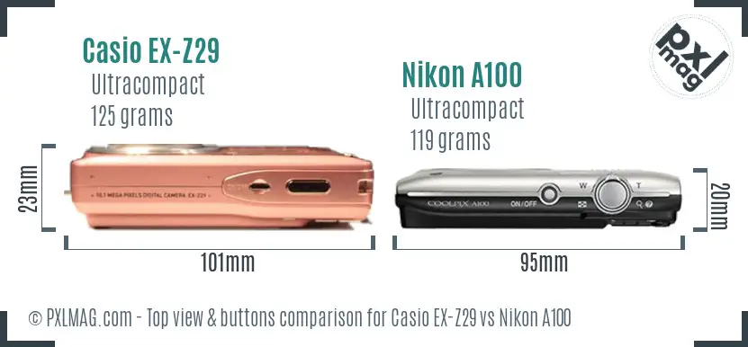 Casio EX-Z29 vs Nikon A100 top view buttons comparison