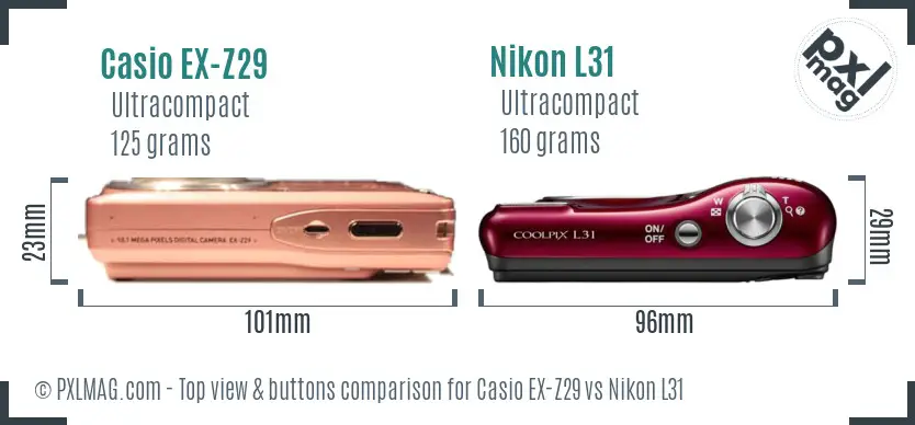 Casio EX-Z29 vs Nikon L31 top view buttons comparison