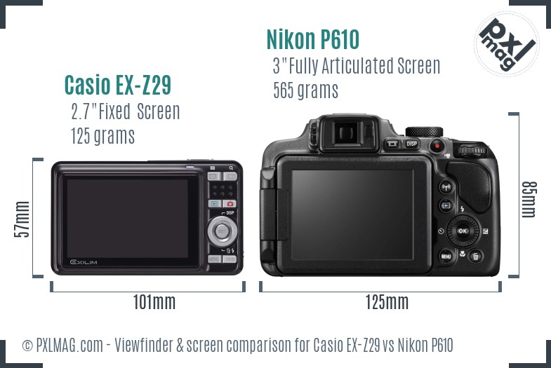 Casio EX-Z29 vs Nikon P610 Screen and Viewfinder comparison