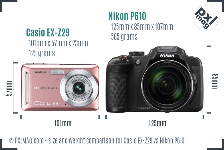 Casio EX-Z29 vs Nikon P610 size comparison