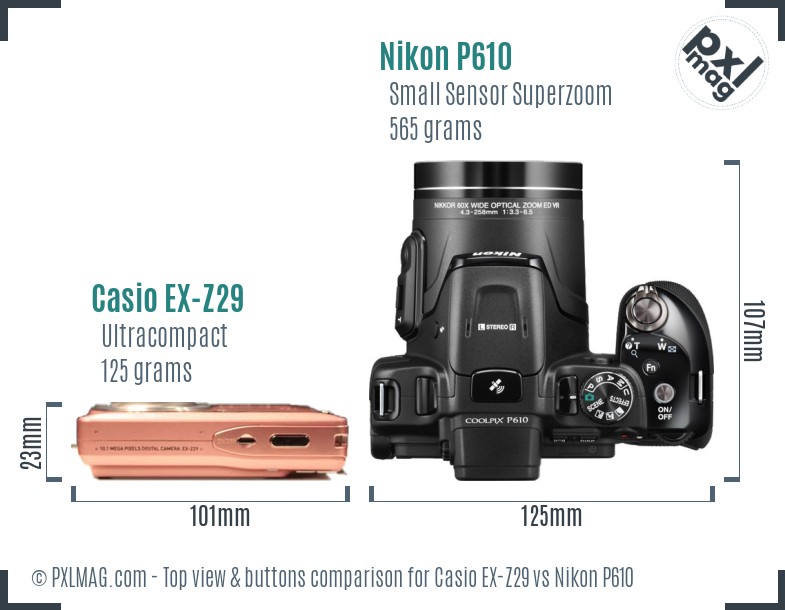 Casio EX-Z29 vs Nikon P610 top view buttons comparison
