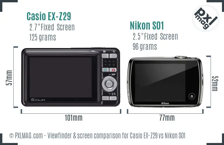 Casio EX-Z29 vs Nikon S01 Screen and Viewfinder comparison