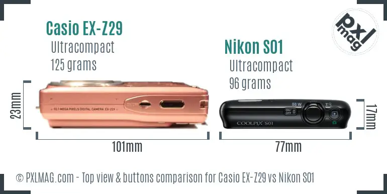 Casio EX-Z29 vs Nikon S01 top view buttons comparison