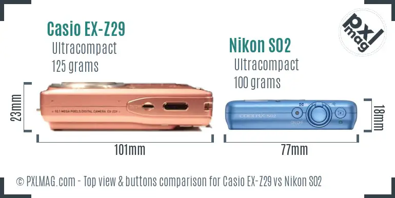 Casio EX-Z29 vs Nikon S02 top view buttons comparison Casio EX-Z29 vs Nikon S02 top view buttons comparison