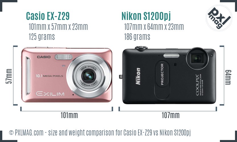 Casio EX-Z29 vs Nikon S1200pj size comparison