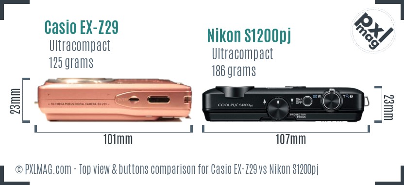 Casio EX-Z29 vs Nikon S1200pj top view buttons comparison