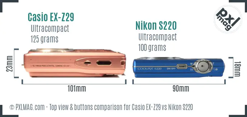 Casio EX-Z29 vs Nikon S220 top view buttons comparison