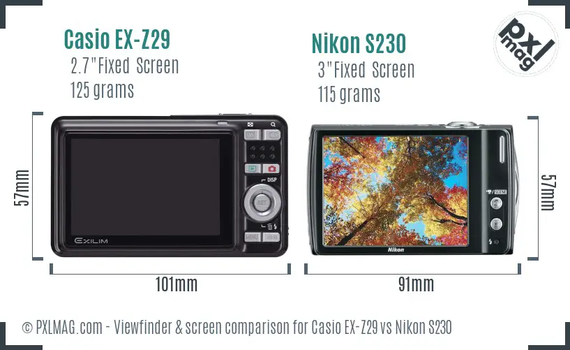 Casio EX-Z29 vs Nikon S230 Screen and Viewfinder comparison