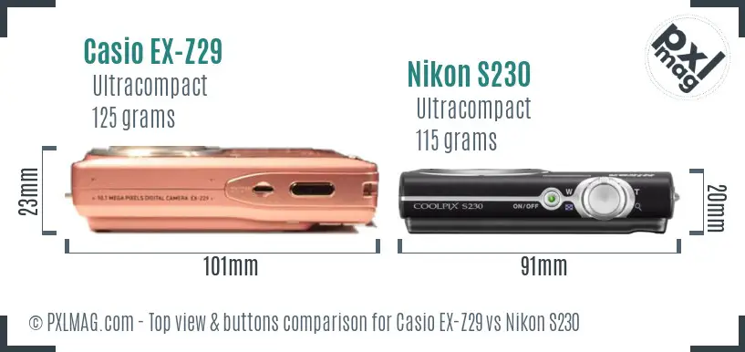 Casio EX-Z29 vs Nikon S230 top view buttons comparison