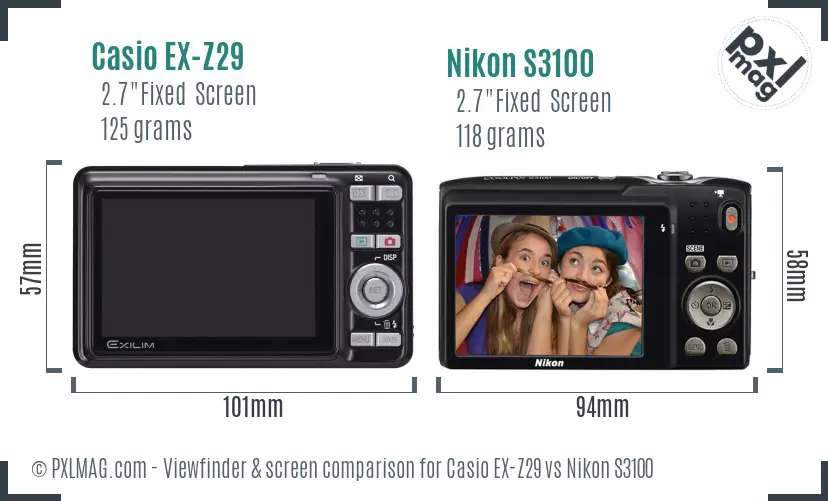 Casio EX-Z29 vs Nikon S3100 Screen and Viewfinder comparison