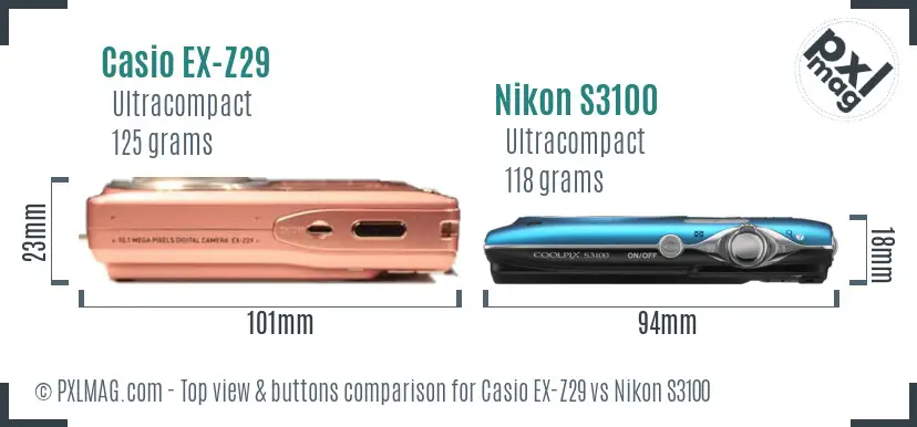 Casio EX-Z29 vs Nikon S3100 top view buttons comparison