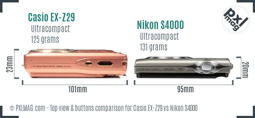 Casio EX-Z29 vs Nikon S4000 top view buttons comparison Casio EX-Z29 vs Nikon S4000 top view buttons comparison