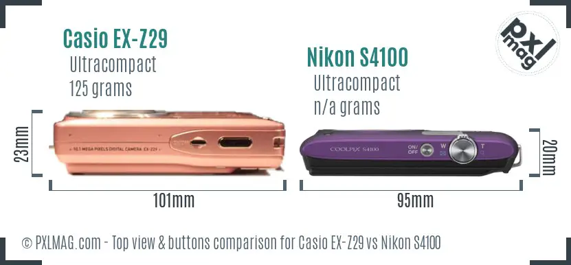 Casio EX-Z29 vs Nikon S4100 top view buttons comparison