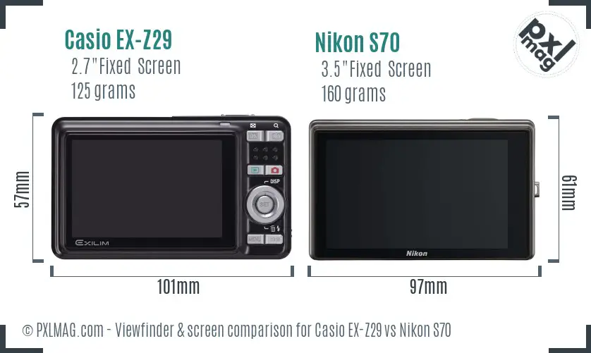 Casio EX-Z29 vs Nikon S70 Screen and Viewfinder comparison