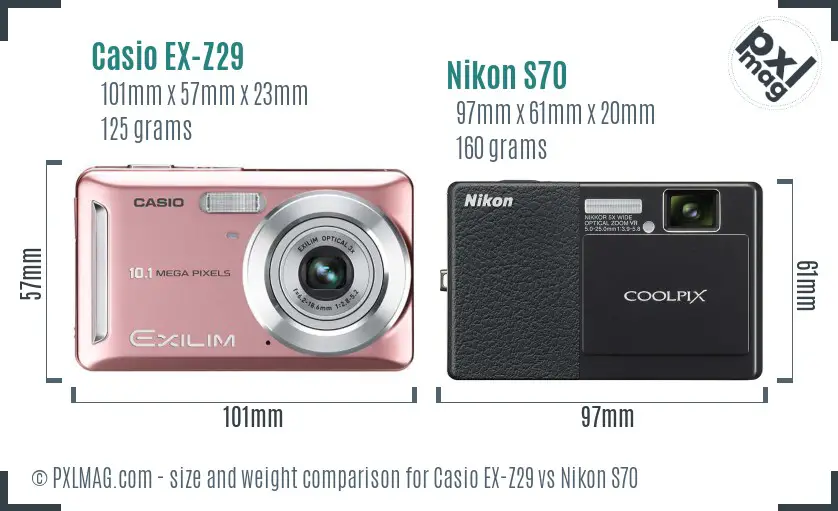Casio EX-Z29 vs Nikon S70 size comparison