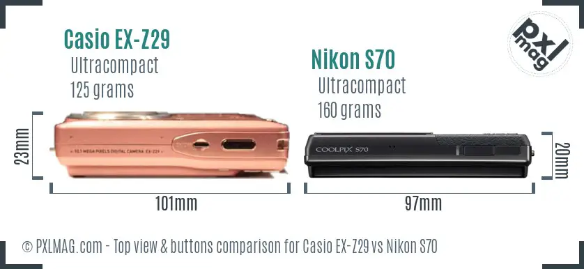 Casio EX-Z29 vs Nikon S70 top view buttons comparison