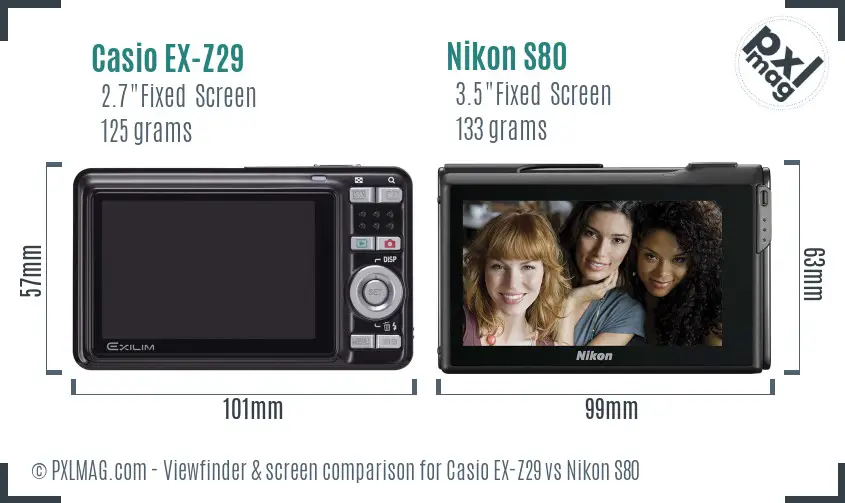 Casio EX-Z29 vs Nikon S80 Screen and Viewfinder comparison