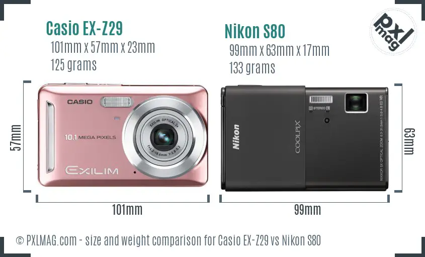 Casio EX-Z29 vs Nikon S80 size comparison