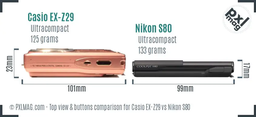 Casio EX-Z29 vs Nikon S80 top view buttons comparison