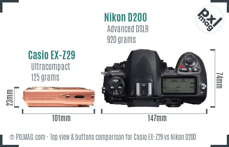 Casio EX-Z29 vs Nikon D200 top view buttons comparison