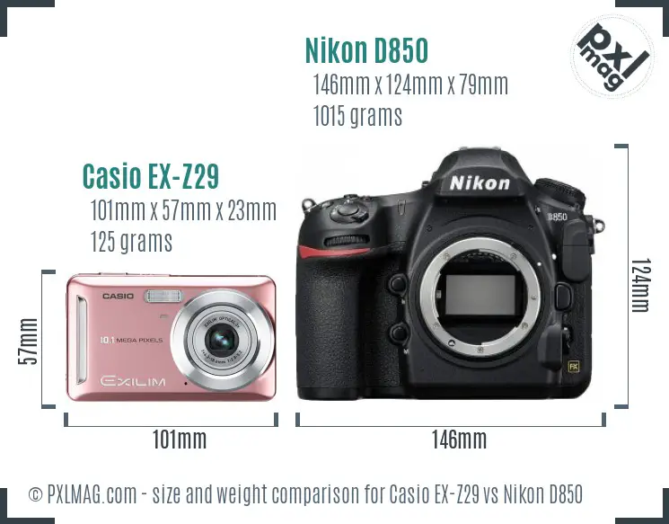 Casio EX-Z29 vs Nikon D850 size comparison