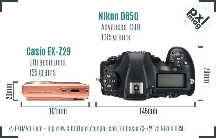 Casio EX-Z29 vs Nikon D850 top view buttons comparison
