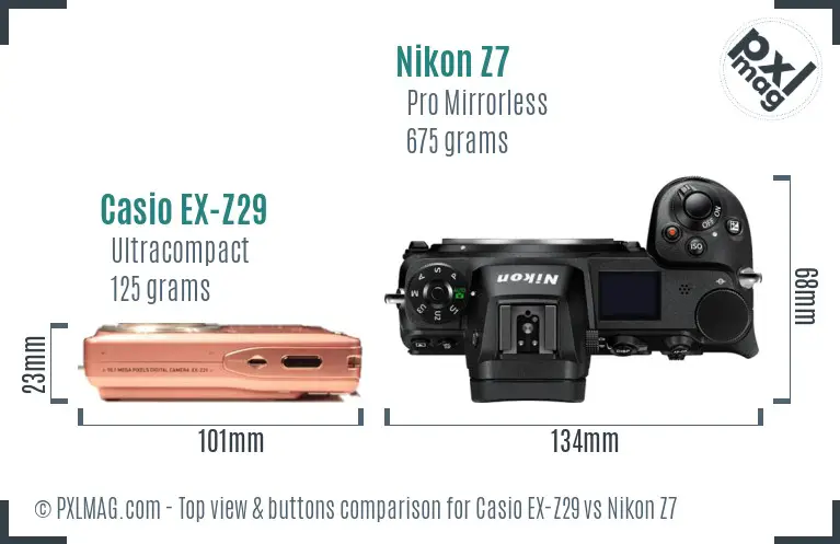 Casio EX-Z29 vs Nikon Z7 top view buttons comparison