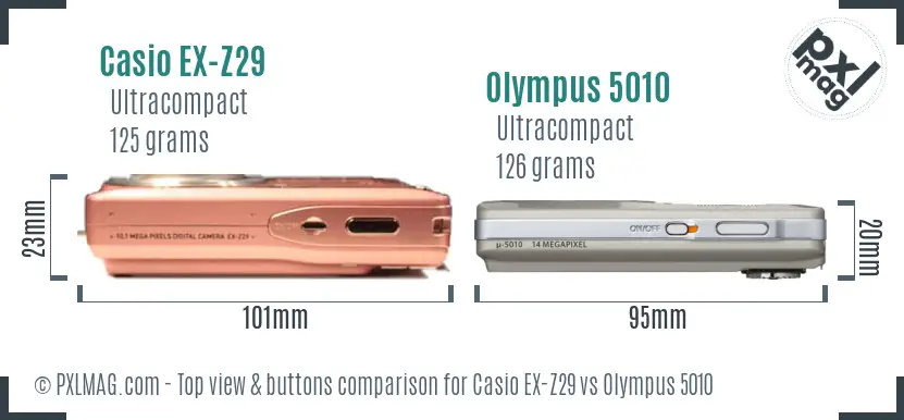 Casio EX-Z29 vs Olympus 5010 top view buttons comparison Casio EX-Z29 vs Olympus 5010 top view buttons comparison