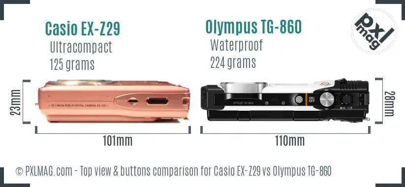 Casio EX-Z29 vs Olympus TG-860 top view buttons comparison