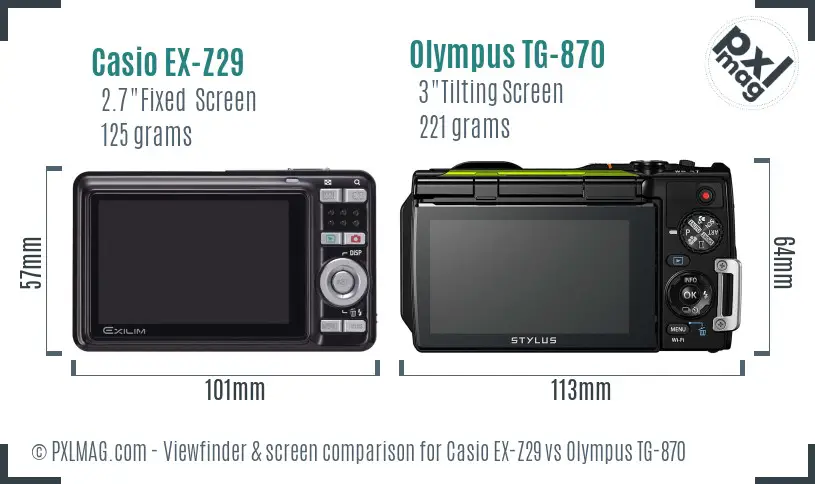 Casio EX-Z29 vs Olympus TG-870 Screen and Viewfinder comparison