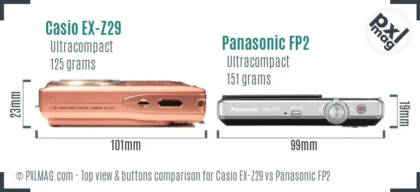 Casio EX-Z29 vs Panasonic FP2 top view buttons comparison Casio EX-Z29 vs Panasonic FP2 top view buttons comparison