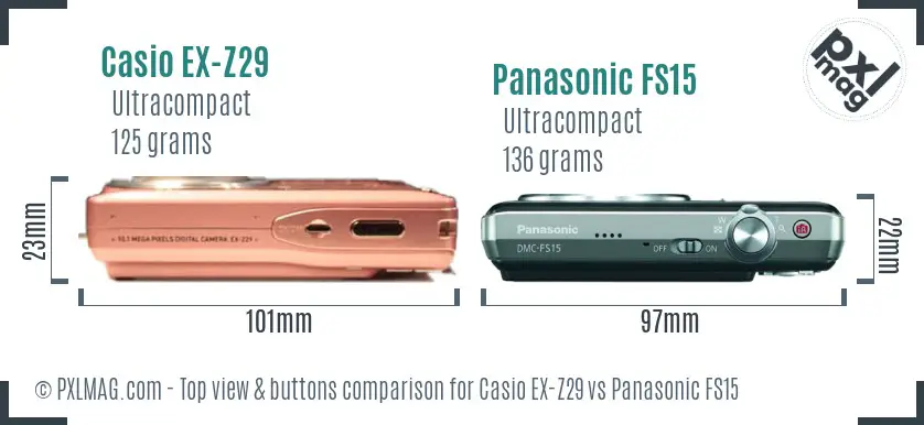 Casio EX-Z29 vs Panasonic FS15 top view buttons comparison